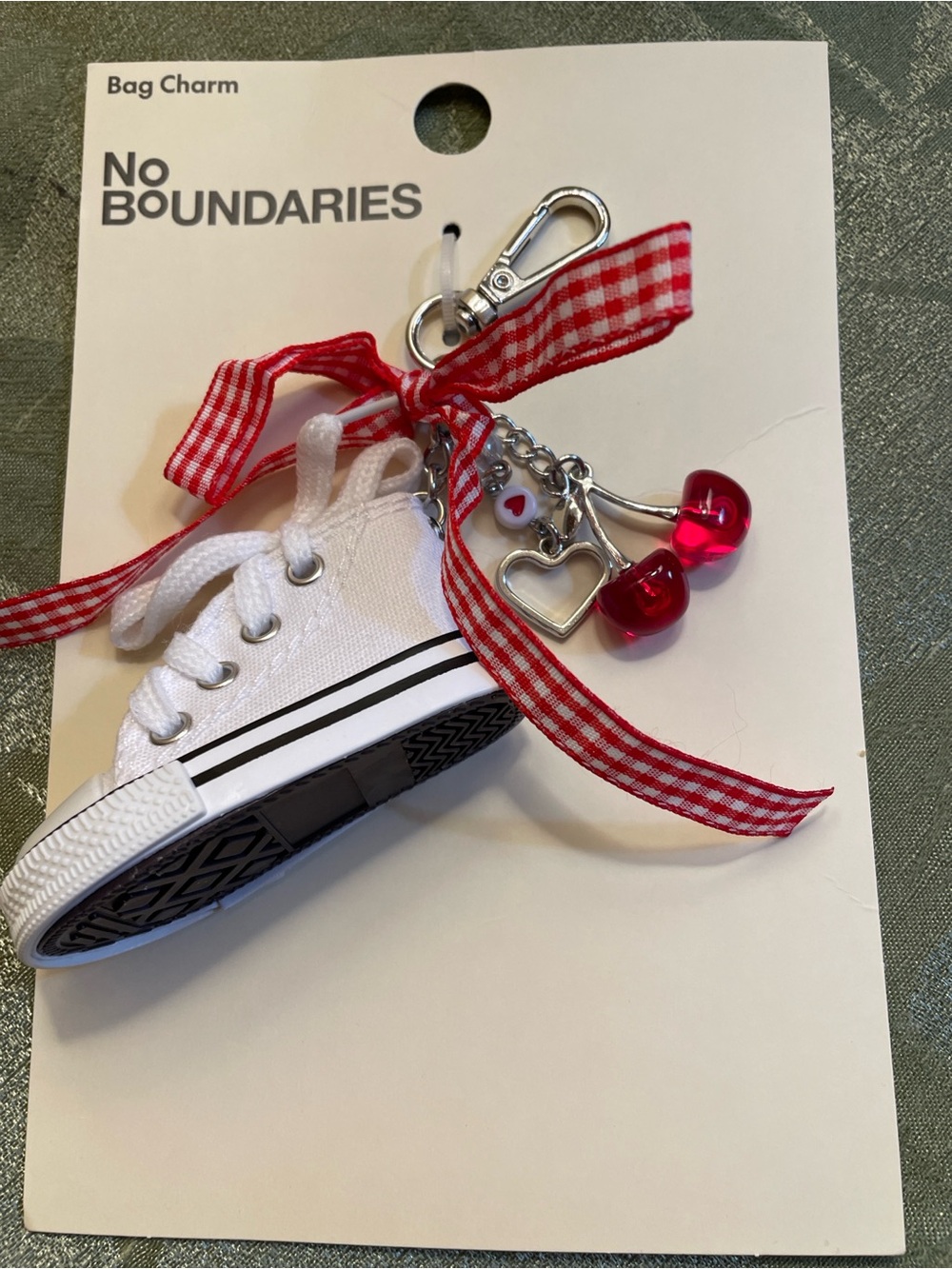 White Sneaker Bag Charm with Red Ribbon and Red Cherry Charms